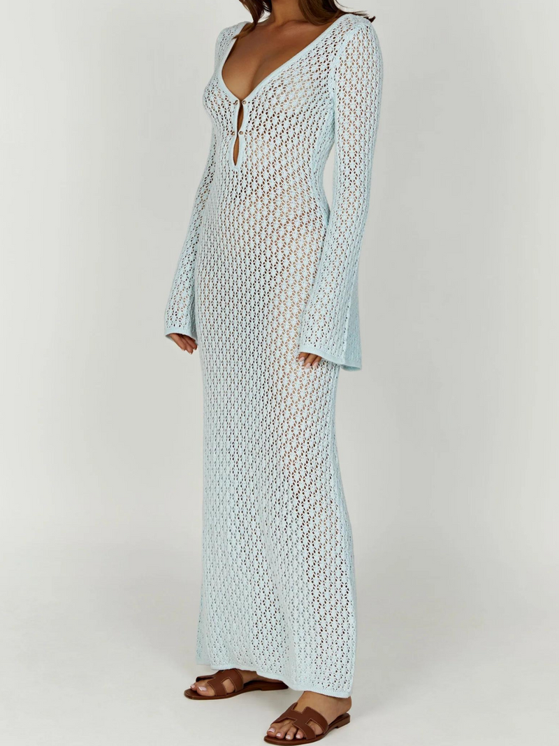 Lana Knit Cutout Plunge Maxi Dress in Blue