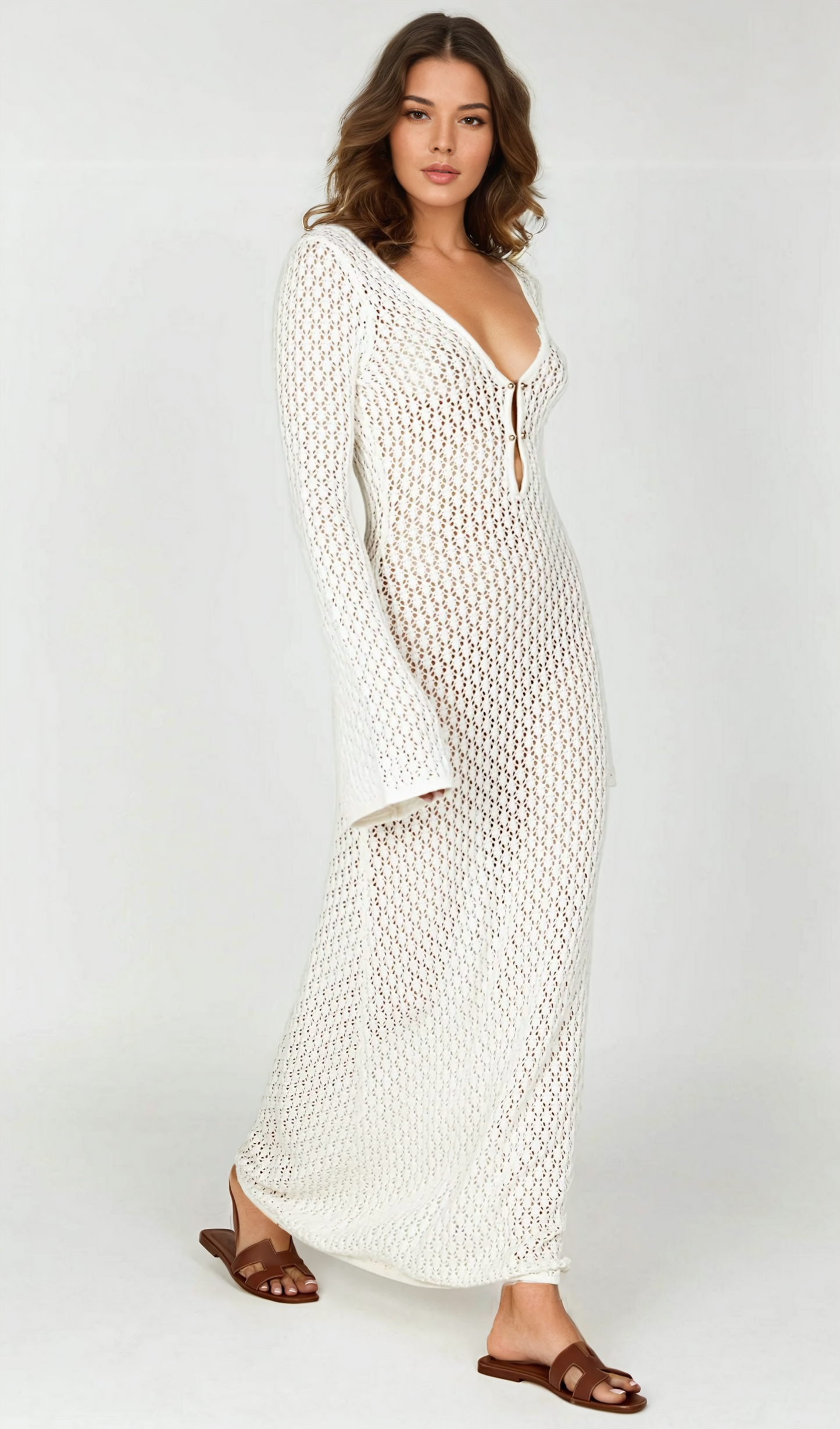 Lana Knit Cutout Plunge Maxi Dress in White