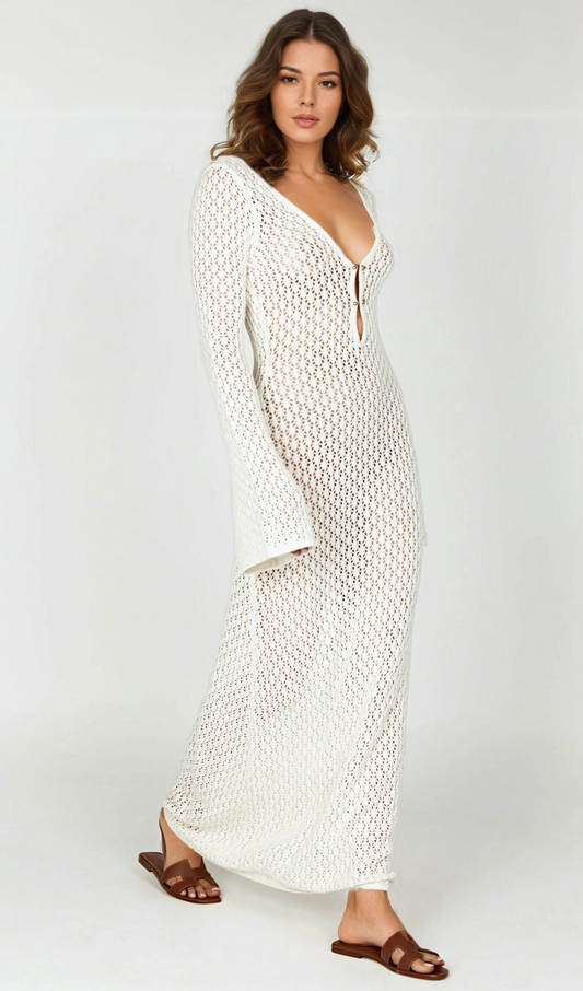 Lana Knit Cutout Plunge Maxi Dress in White