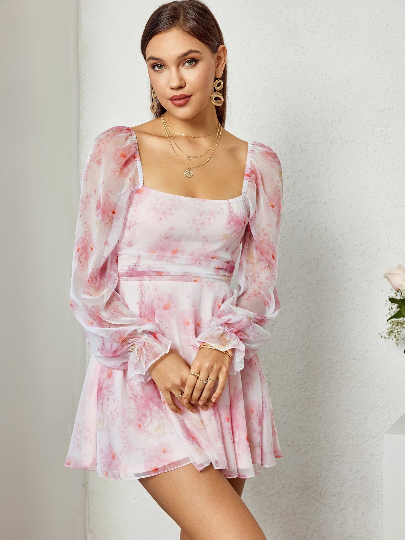 Lantern Sleeve Backless Mini Dress