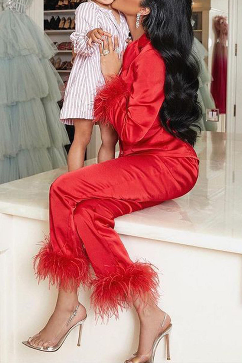 Lapel Feather Hem Two-piece Pants Set