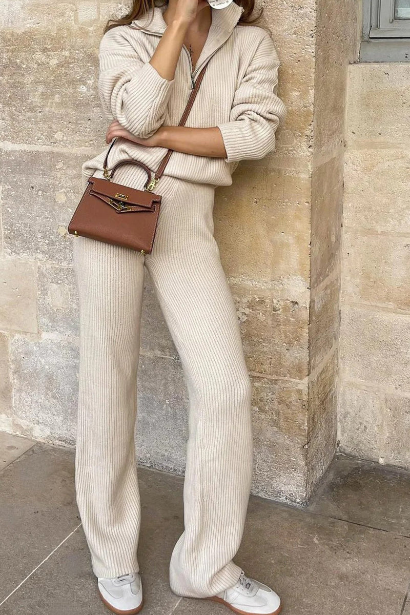 Lapel Knitted Straight-leg Two-piece Sets