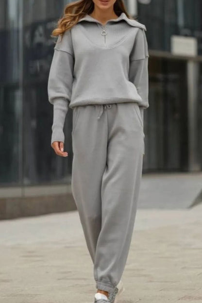 Lapel Zip-up Sweatshirt Set