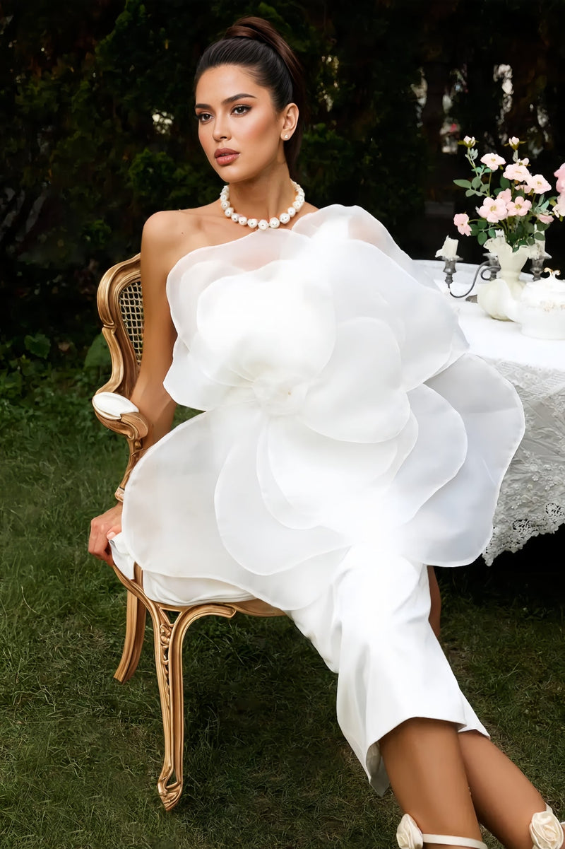 Linia Slant Shoulder 3d Midi Dress-white