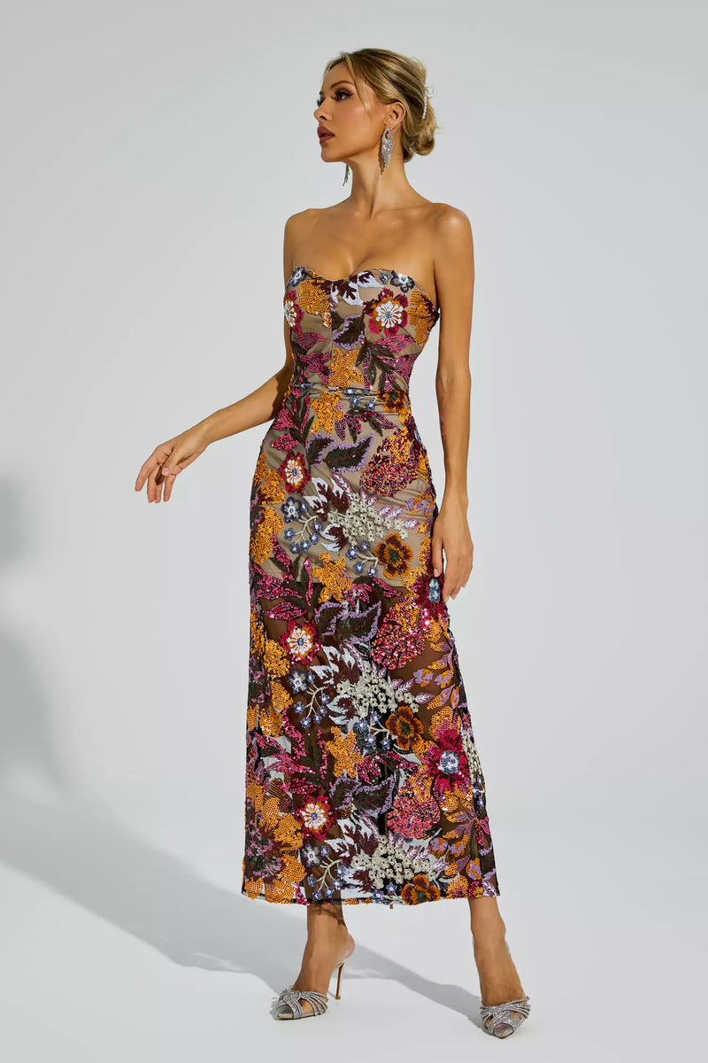 Leanna Red Flower Embroidered Maxi Dress