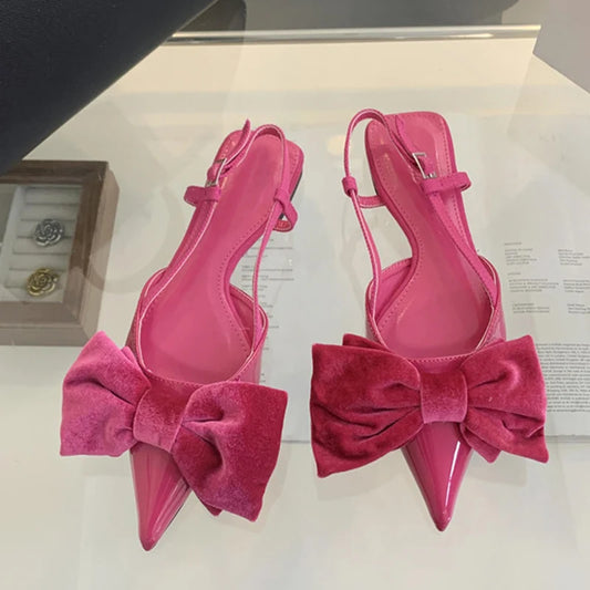 Design Big Butterfly Knot Flat Mules Sandals Cozy Patent Leather Pointed Toe Back Strap Shoes