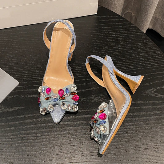 Design Gem Bowknot Pumps Pointed Toe Blue Denim High Heels Shoes Pvc Transparent Sandal