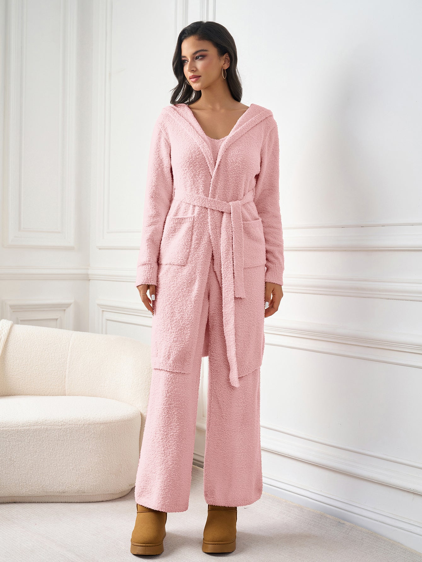 Long Sleeve Pocket Belted Hood Sweater