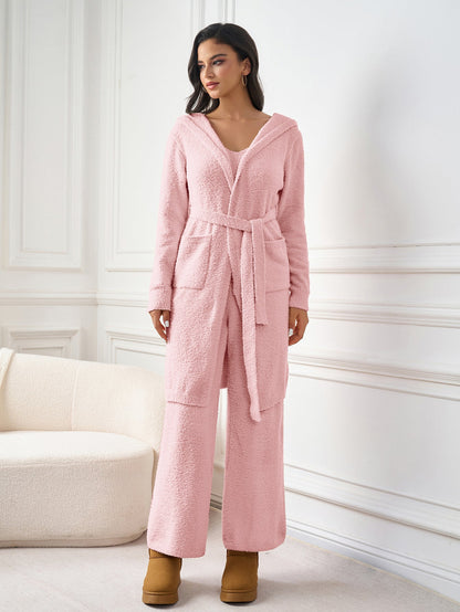 Long Sleeve Pocket Belted Hood Sweater