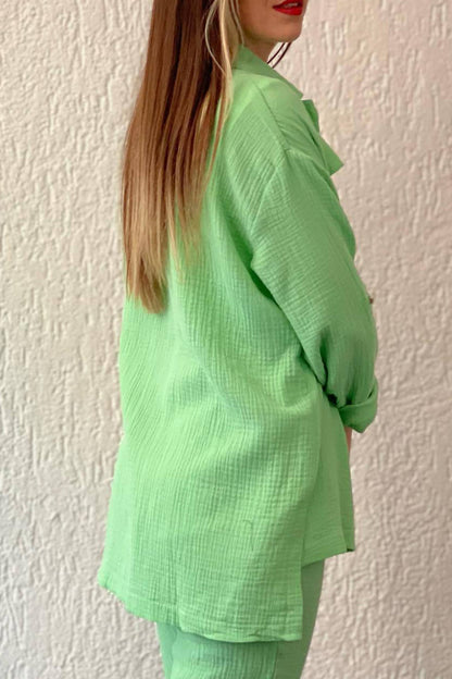 Long Sleeve Pocketed Slit Shirt Long Pants Suits