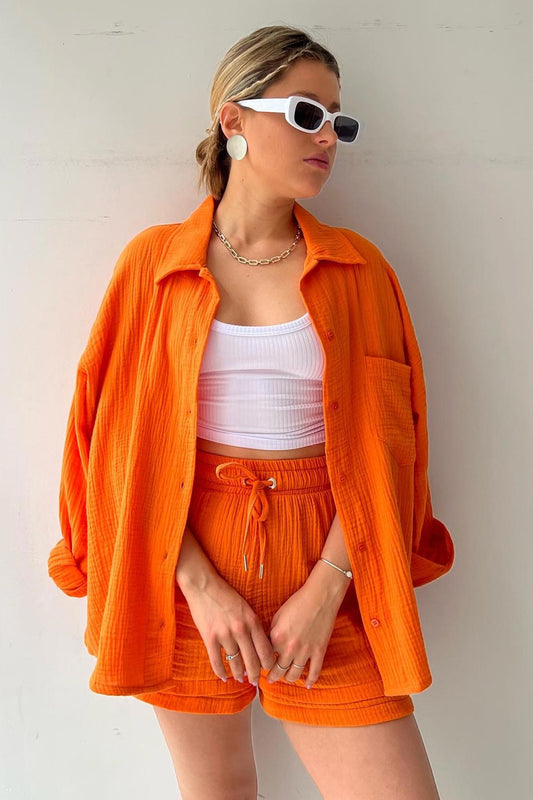 Long Sleeve Color Shirt Shorts Set