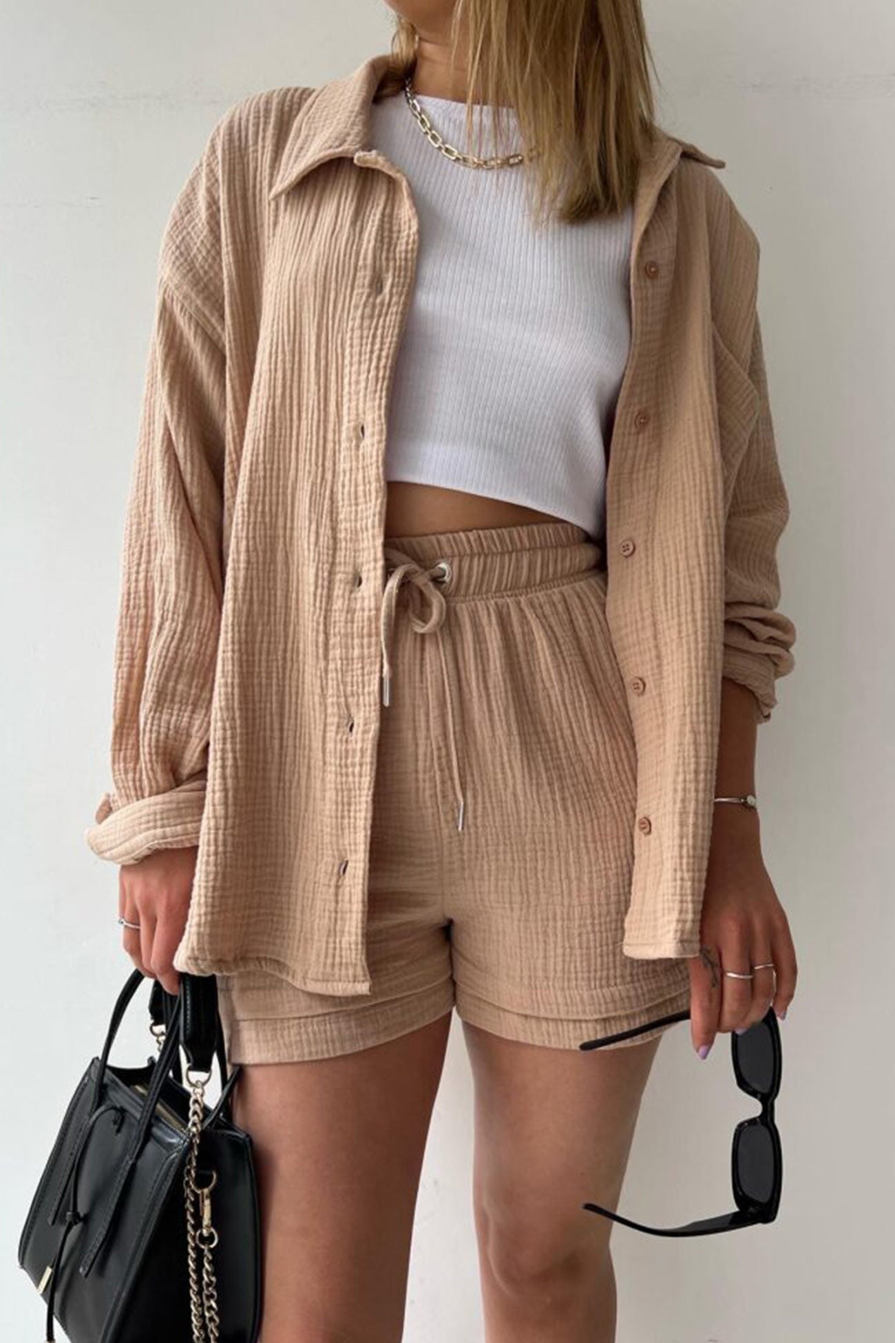 Long Sleeve Color Shirt Shorts Set