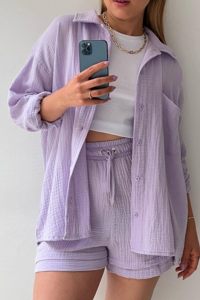 Long Sleeve Color Shirt Shorts Set