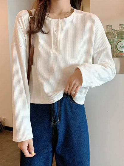 Long Sleeve T-shirts Simple Pure Button Design Retro Ins Autumn Tees Top All-match Bf Style Mujer Clothes