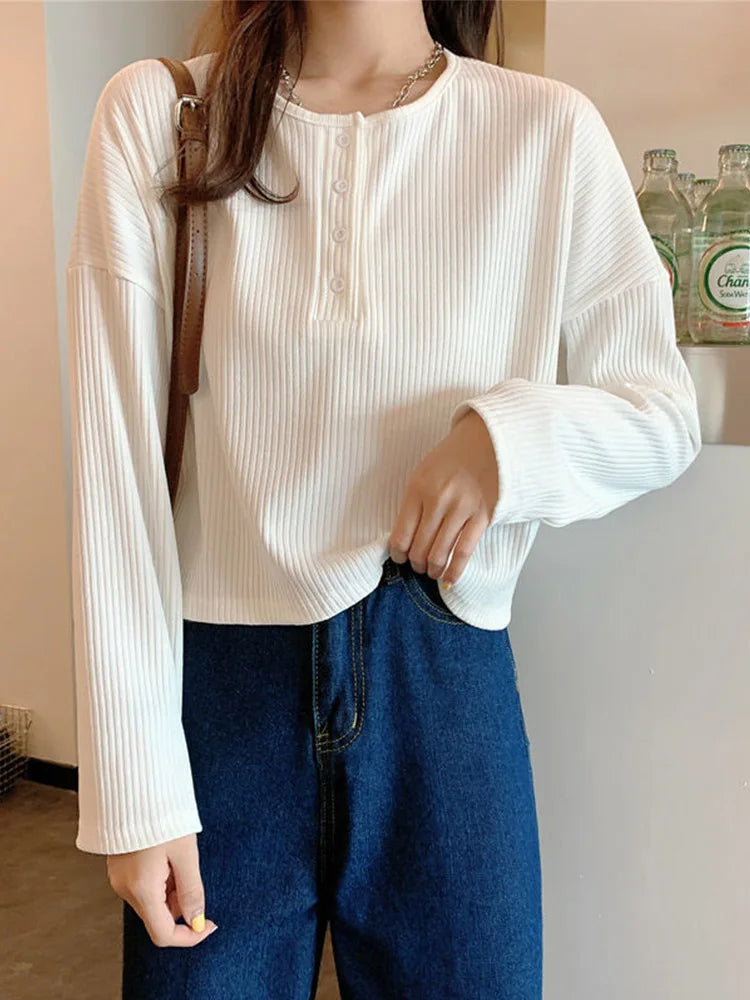 Long Sleeve T-shirts Simple Pure Button Design Retro Ins Autumn Tees Top All-match Bf Style Mujer Clothes