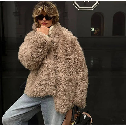 Loose Plush Autumn Winter Stand Single-breasted Long Hairy Soft Coat