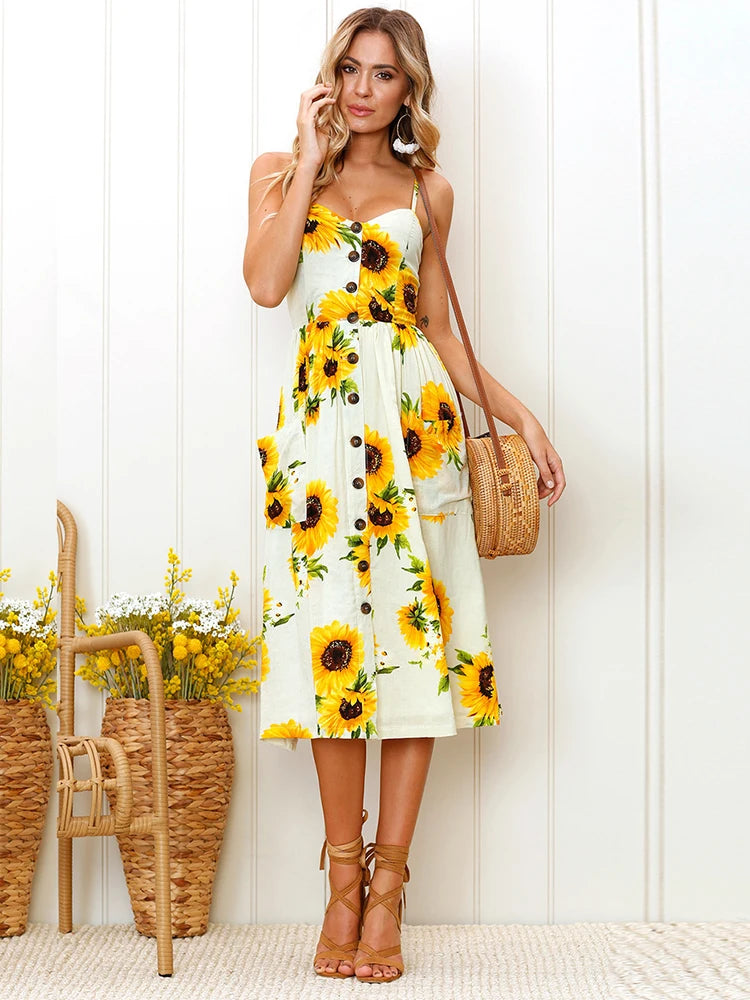 Lossky Sunflower Strapless Button Backless Clothes Midi Dresses