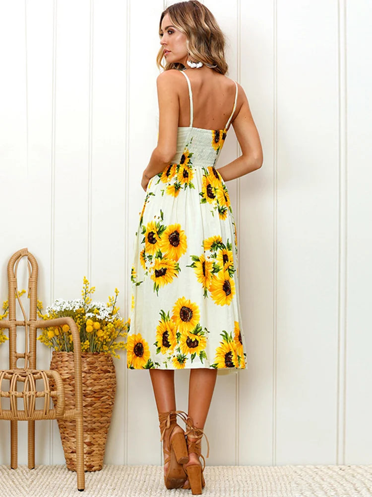 Lossky Sunflower Strapless Button Backless Clothes Midi Dresses