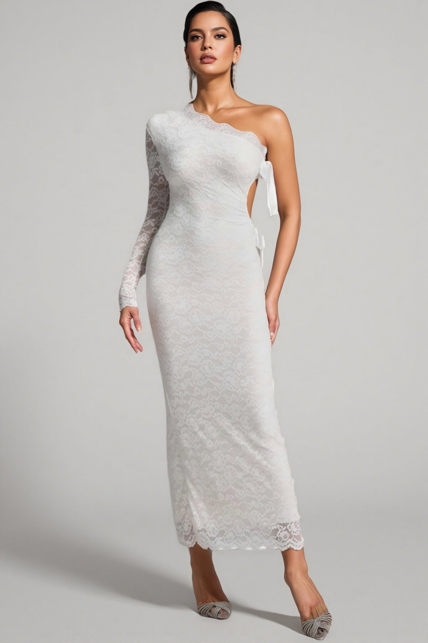 Sylase One Shoulder White Lace Maxi Dress