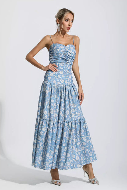 Lyra Blue Ruched Slip Maxi Dress