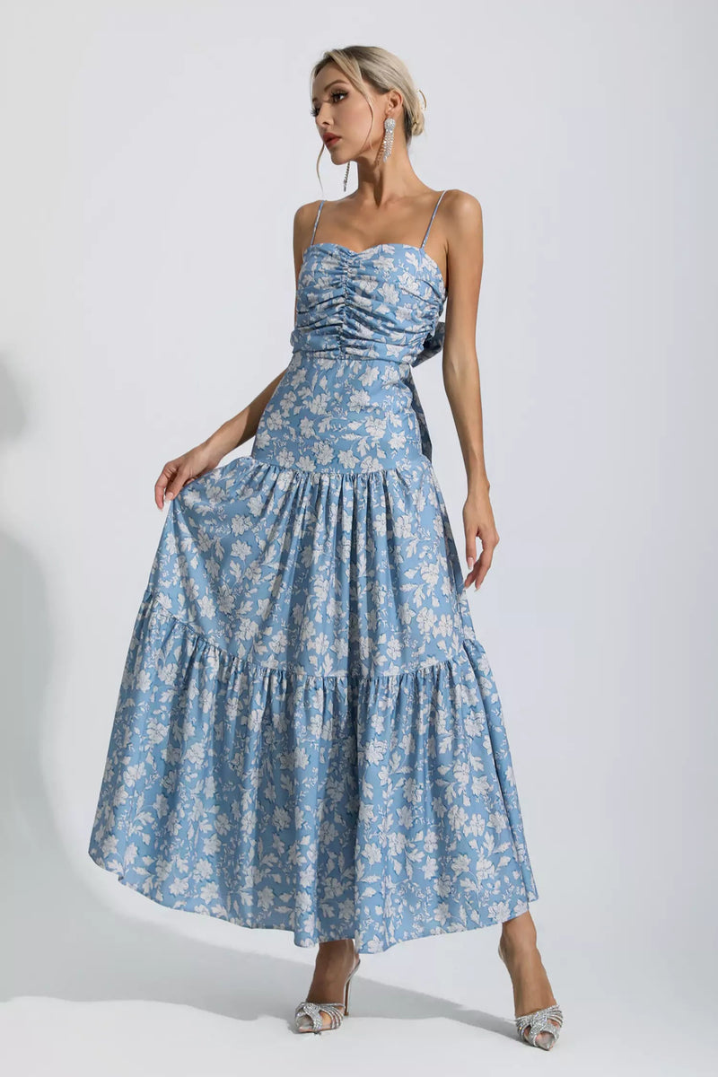 Lyra Blue Ruched Slip Maxi Dress