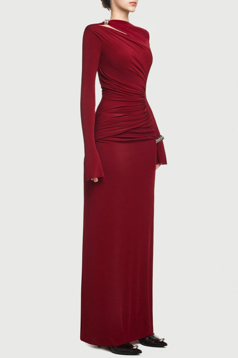 Lysander Asymmetrical Drape Cutout Maxi Dress - Red