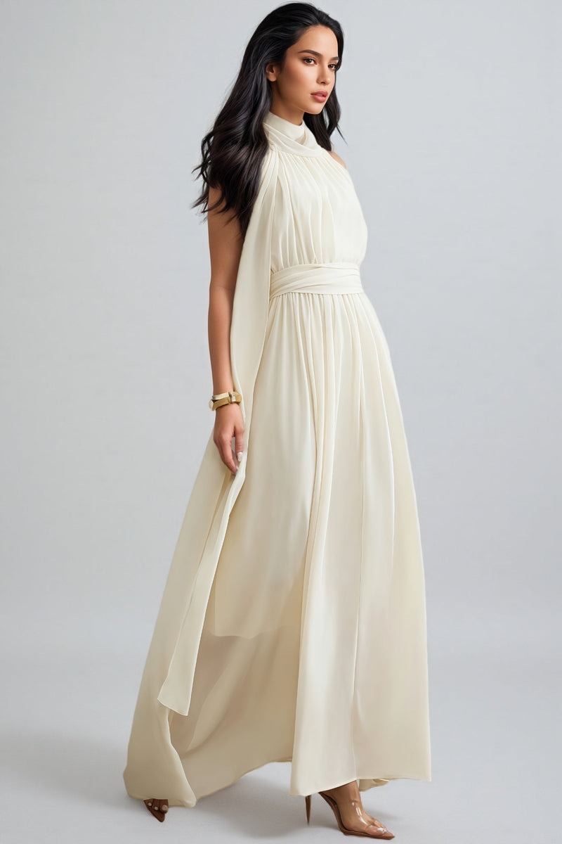 Zurilk Apricot Chiffon Backless Maxi Dress