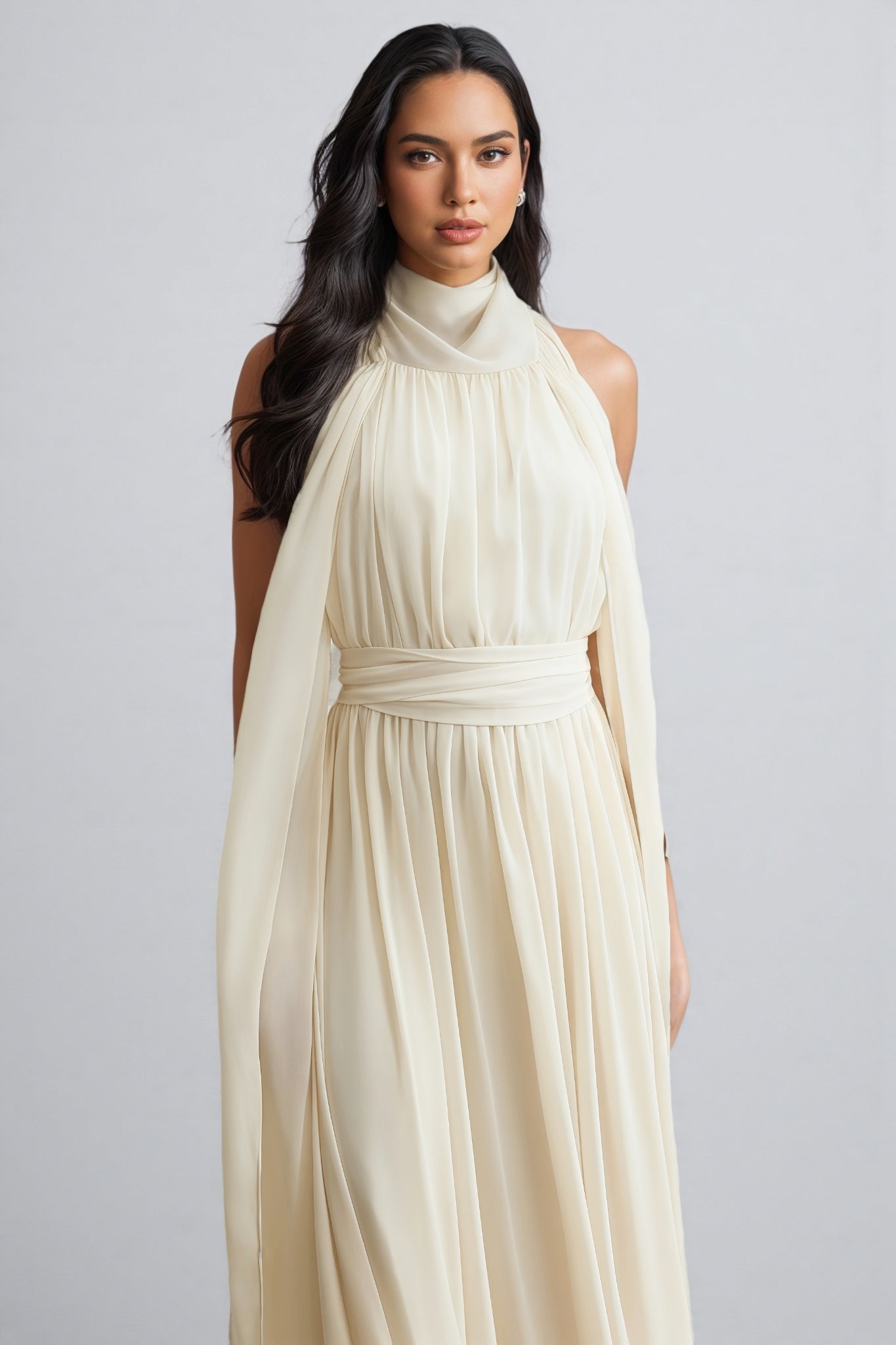 Zurilk Apricot Chiffon Backless Maxi Dress