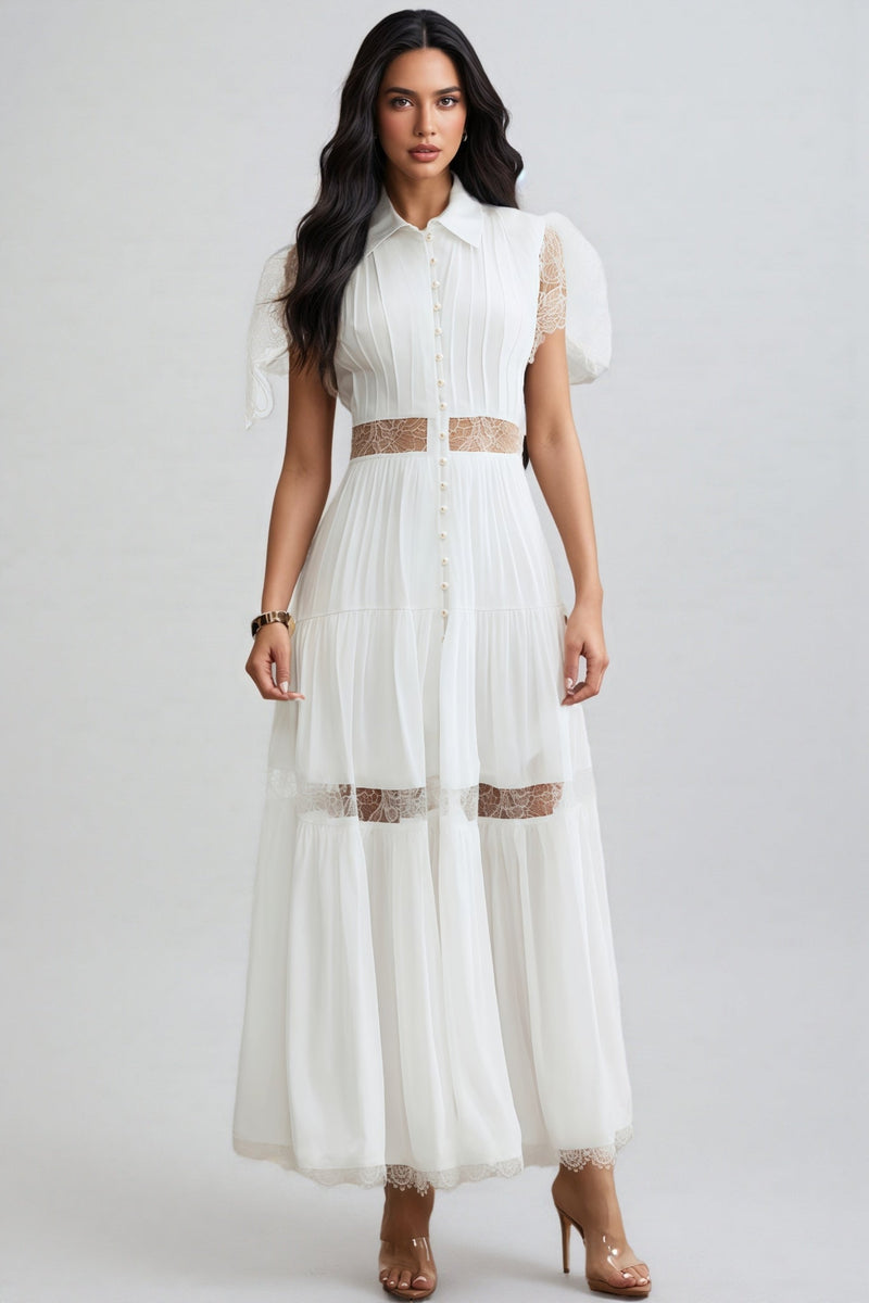 Zived White Lace Embroidery Cut Out Maxi Dress