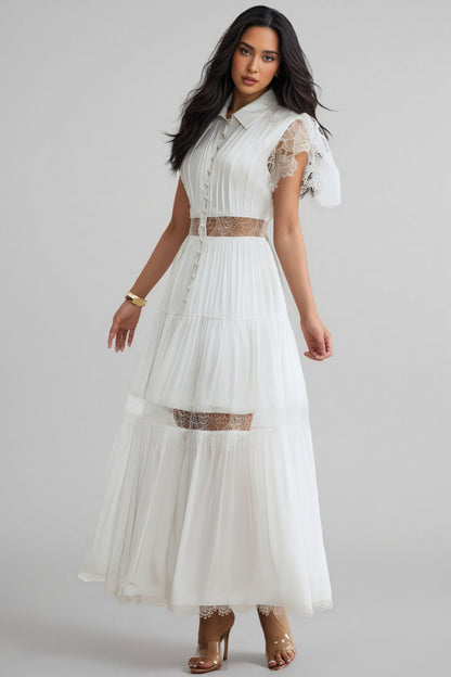 Zived White Lace Embroidery Cut Out Maxi Dress