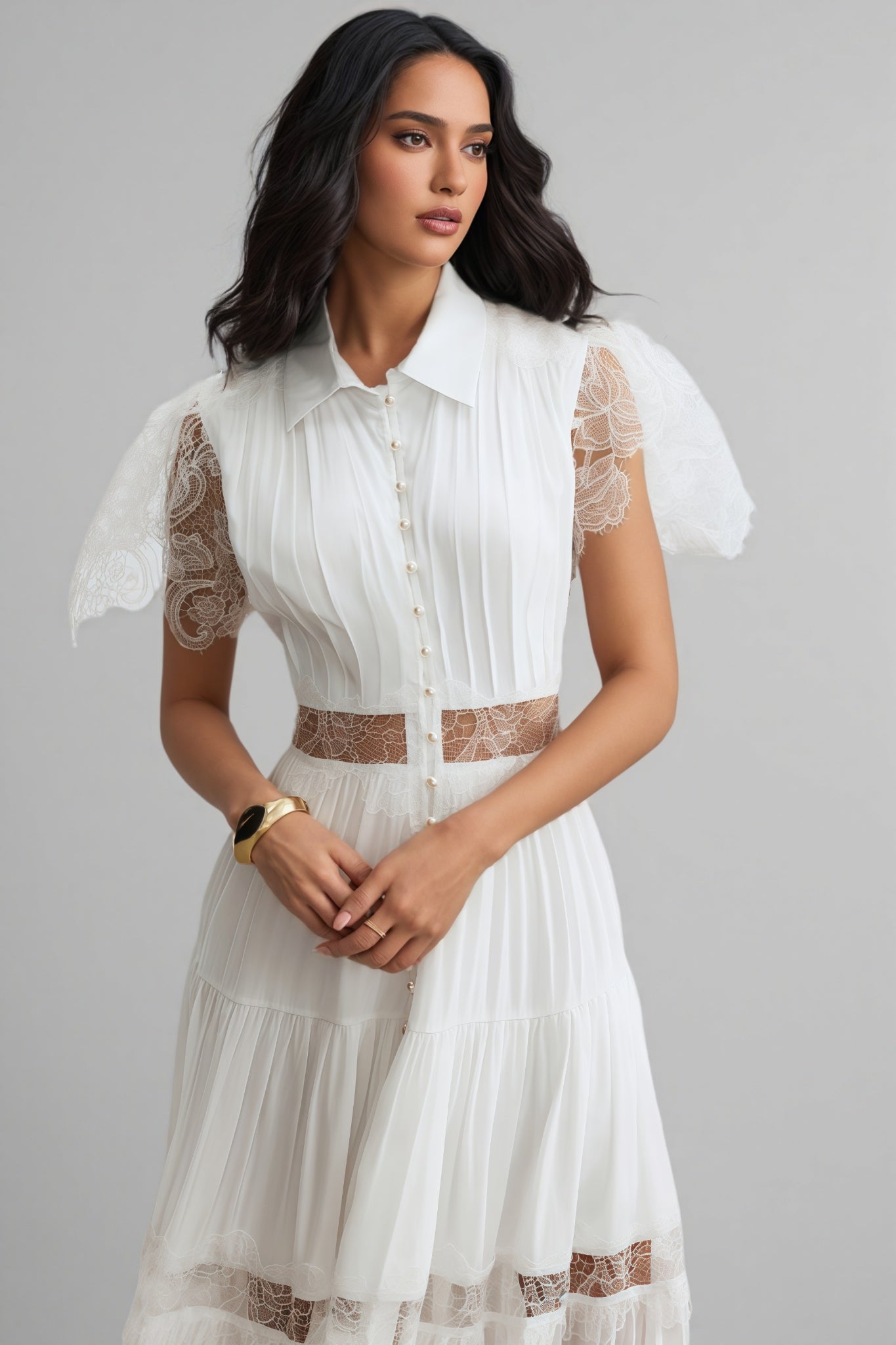 Zived White Lace Embroidery Cut Out Maxi Dress