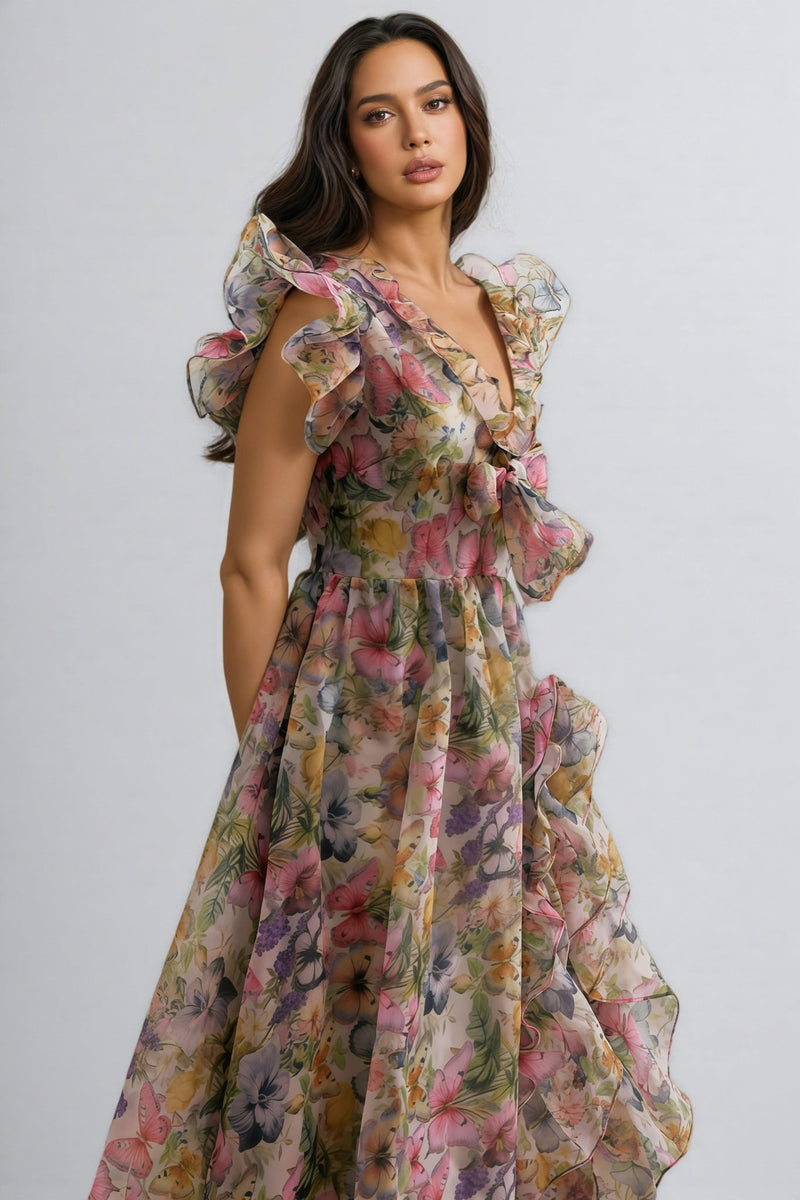 Bella Butterfly Print Ruffle Chiffon Maxi Dress