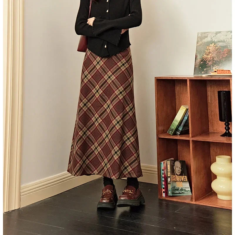 Retro Diamond Wool A-line Autumn Winter High Waist Skirt