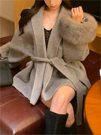 Classic Color Faux Fur Coat With Belt