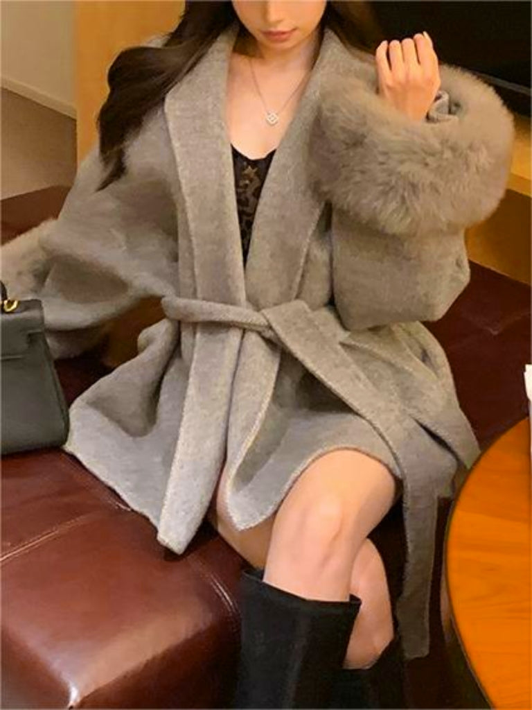 Classic Color Faux Fur Coat With Belt