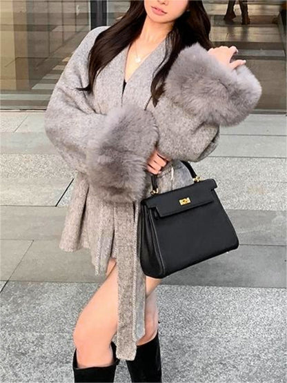 Classic Color Faux Fur Coat With Belt