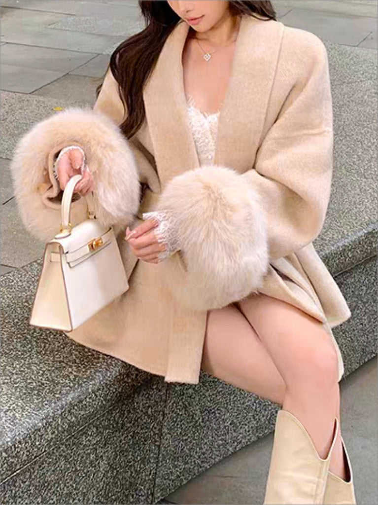 Classic Color Faux Fur Coat With Belt