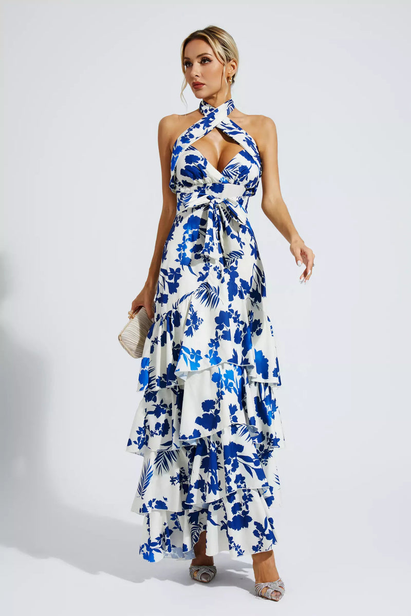 Mae Lace-up Maxi Dress-blue