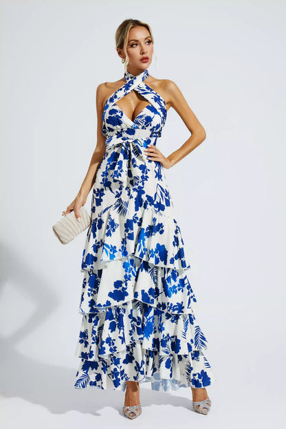 Mae Lace-up Maxi Dress-blue