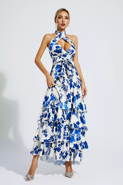Mae Lace-up Maxi Dress-blue