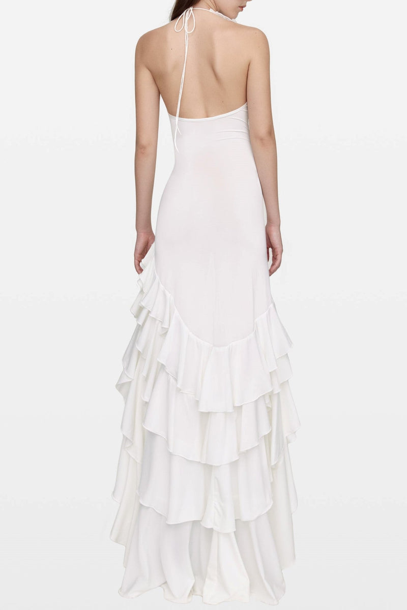 Malia Halter Mesh Flower Ruffle Midi Dress
