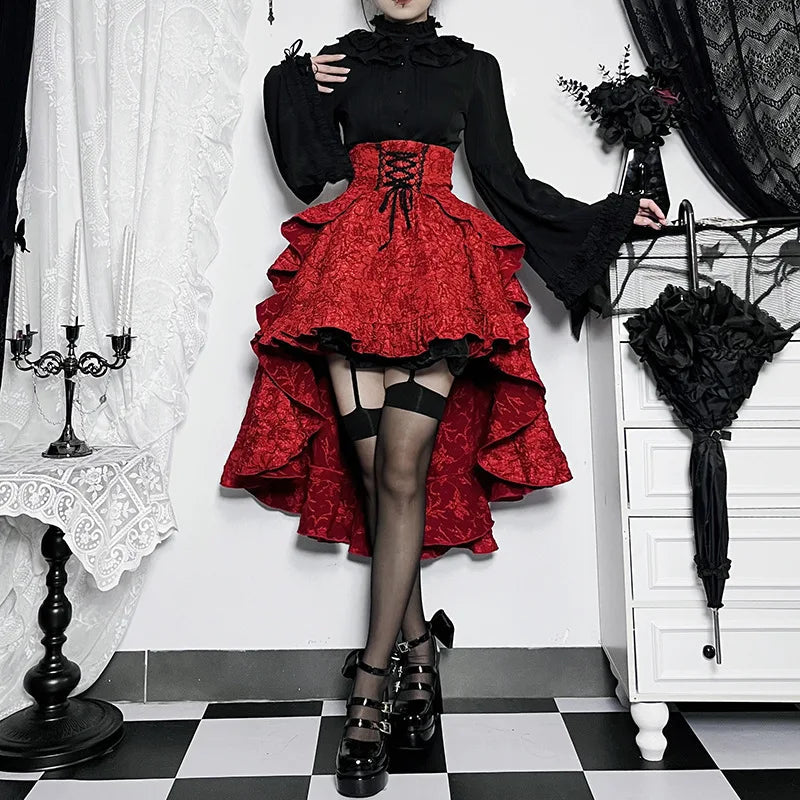 Mall Goth High Waist Swallowtail Steamvintage Lace Up Asymmetrical High Low Skirt