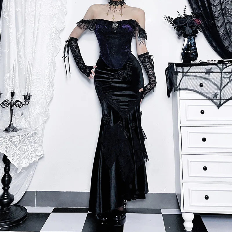 Mall Goth Velvet Fishtail Jacquard Hip Wrap Fairy Grunge Victorian Steamlong Skirt