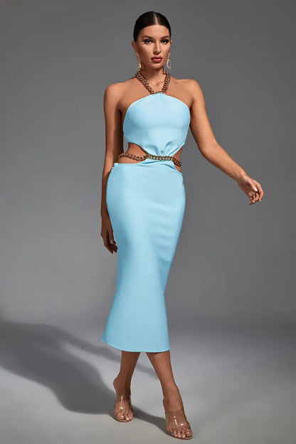 Margaret Blue Cutout Halterneck Midi Dress