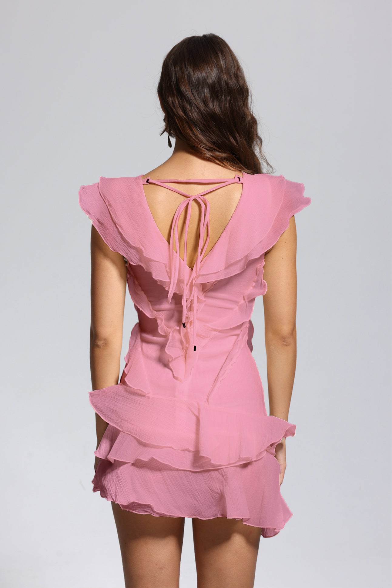Maura V Neck Ruffle Asymmetric Mini Dress in Pink