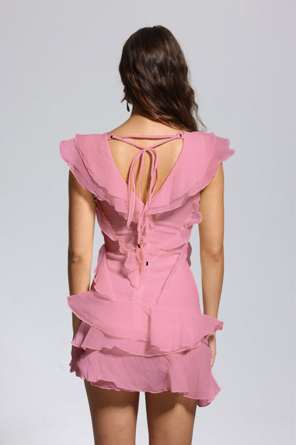 Maura V Neck Ruffle Asymmetric Mini Dress in Pink