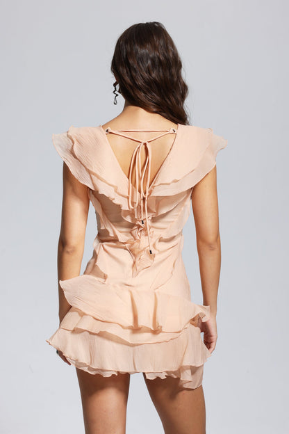 Maura V Neck Ruffle Asymmetric Mini Dress in Champagne