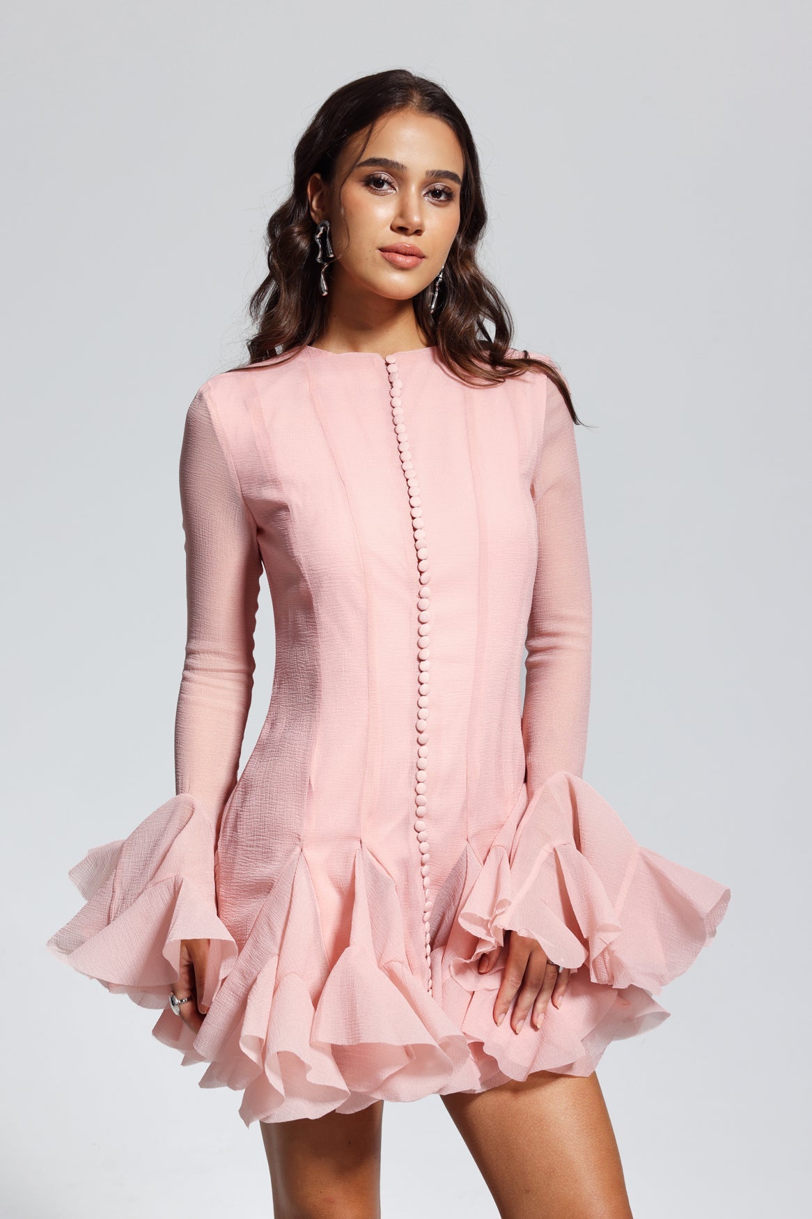 Mccarthy Mesh Ruffle Mini Dress in Pink