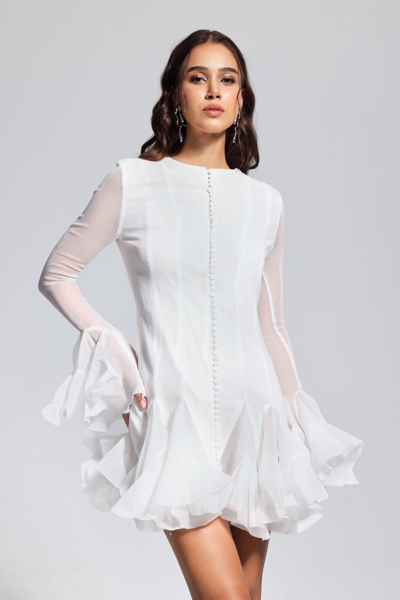Mccarthy Mesh Ruffle Mini Dress in White