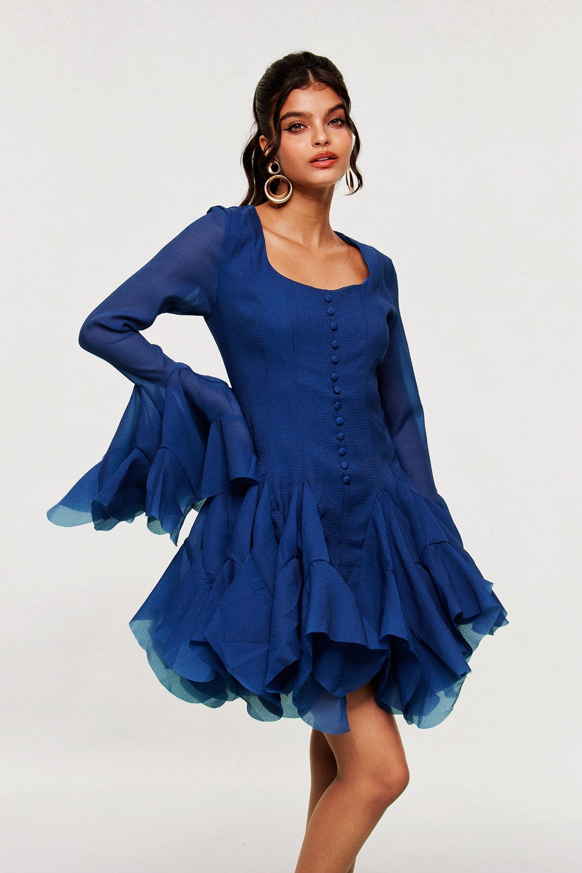 Mccarthy Mesh Ruffle Mini Dress in Deep Blue